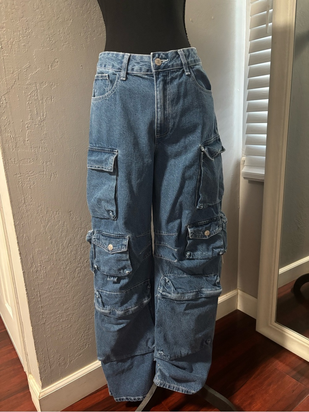 Women's Blue Cargo Jeans with Multi-Pocket Detail
